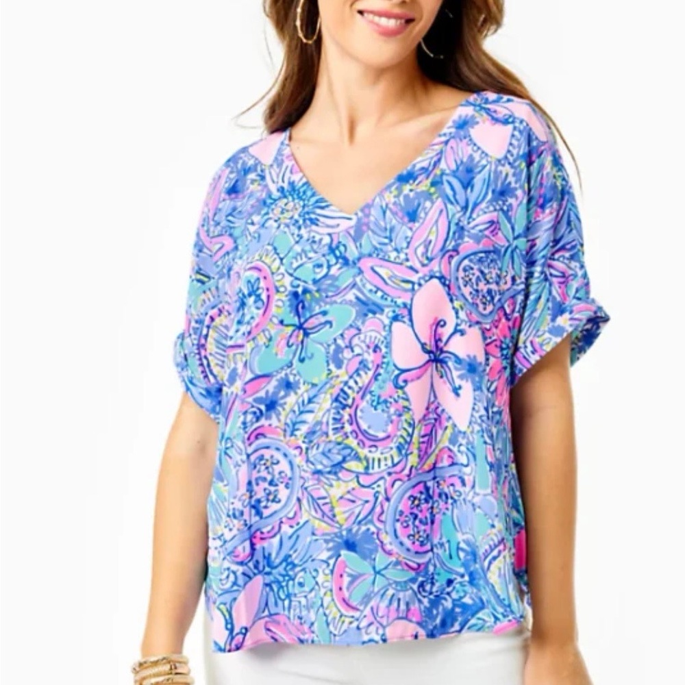 Lilly Pulitzer Blue Pink Casden Pop over Blouse